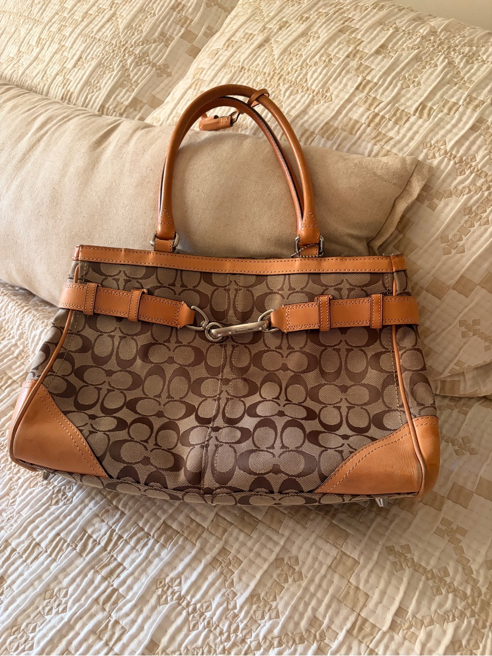 Coach Brown Signature Canvas Shoulder Bag with Leather Trim